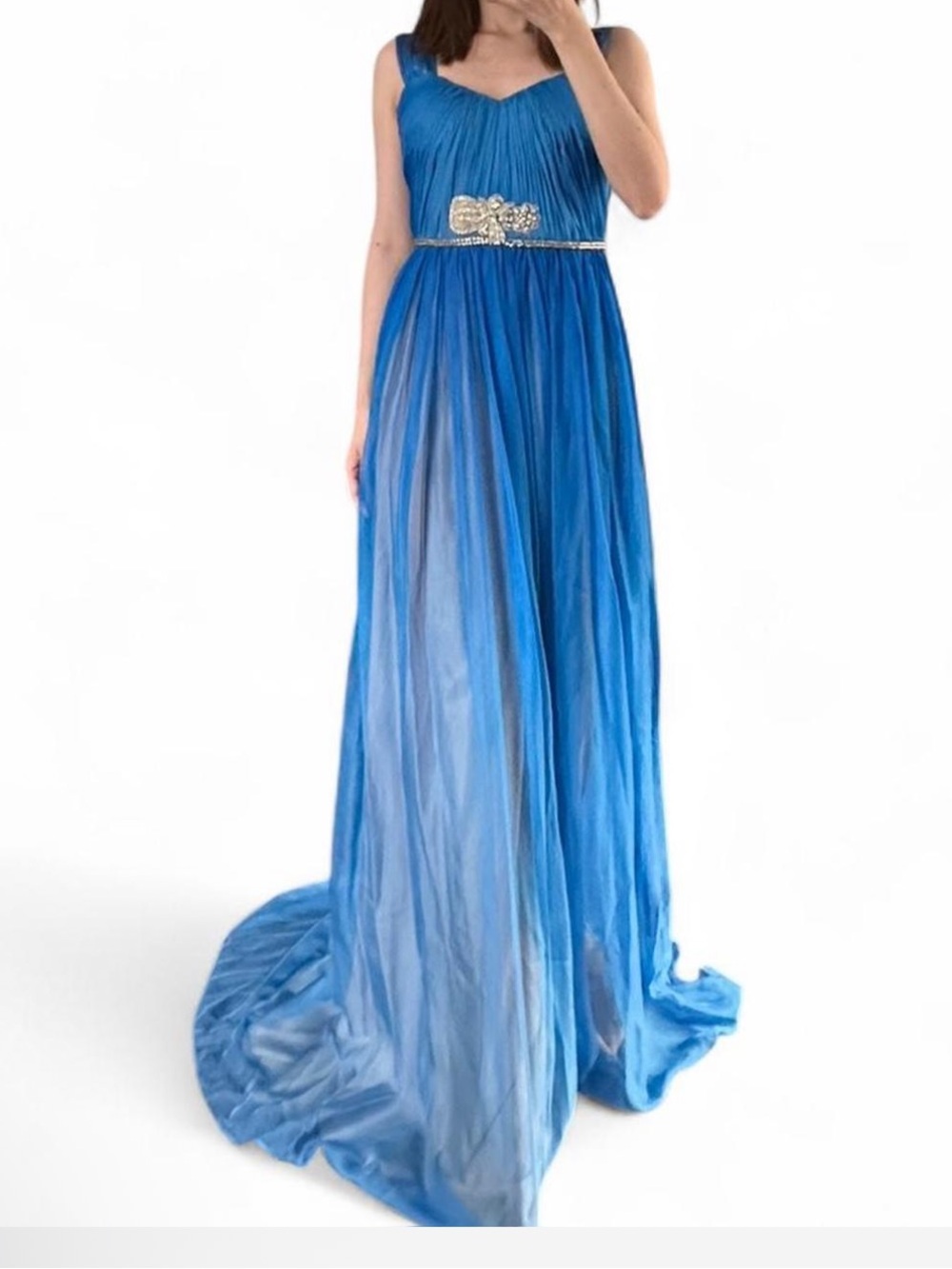 Elegant Silk Blue Evening Gown with Embellished Waist